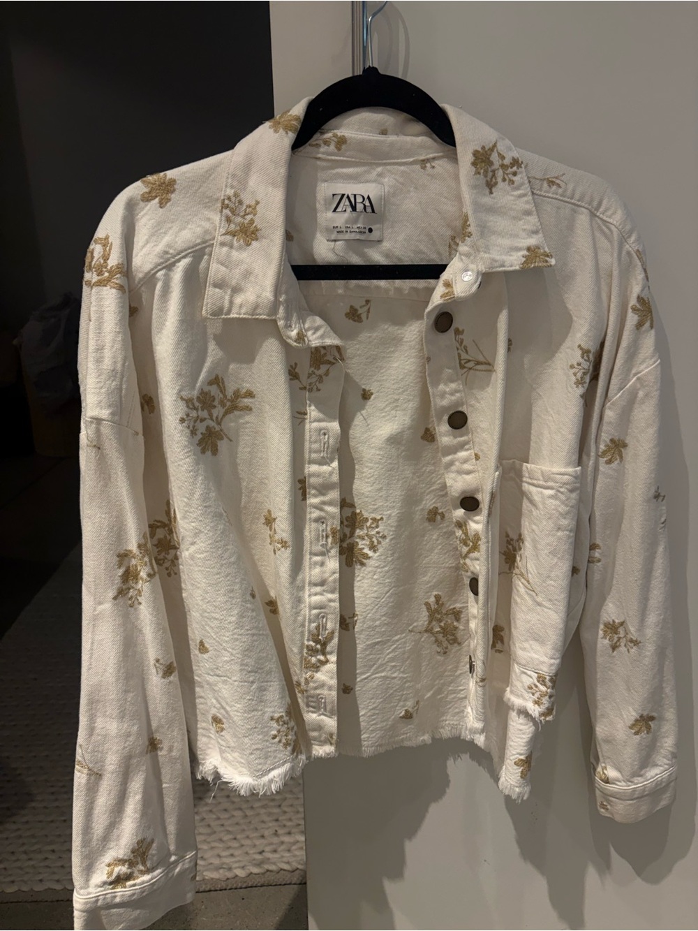 Zara Ivory Cropped Floral Denim Jacket